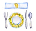 Watercolor table setting with lemons on white