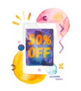 Watercolor tablet pc with 50% off lettering on screen and abstract elements