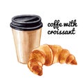 Watercolor take away coffee  cup with croissant illustration isolated on white Royalty Free Stock Photo