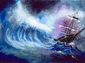 Watercolor tall ship in the storm