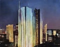 Watercolor of Tall urban tower illuminated in city center during