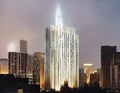 Watercolor of Tall urban tower illuminated in city center during