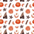 Watercolor tangerine and spices pattern on white background.