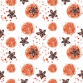 Watercolor tangerine and spices pattern on white background.