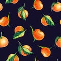 Watercolor Tangerines with leaves. Semless pattern for print design. Mandarin orange fruit.black