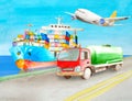 Watercolor tank truck cistern standing on the shore on the road near the blue cargo container ship on water ready to carry freight