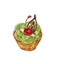 Watercolor tart with cherry and kiwi on white background.