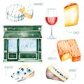 Watercolor tasty collection with different french cheese