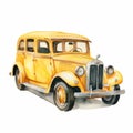 Watercolor Taxi Clipart: Playful And Colorful Depictions Of An Old Yellow Car Royalty Free Stock Photo