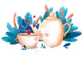 Watercolor tea cup and kettle in love on herbal blue background