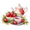 Watercolor tea party illustration: vintage cup, teapot, strawberry composition. Watercolor illustration isokated on