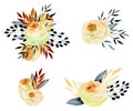 Watercolor tea roses bouquets collection, isolated posies set