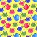 Watercolor tea seamless pattern. Hand drawn colorful bright pink, blue, green teapot, cup with saucer isolated on yellow