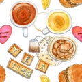 Watercolor tea seamless pattern with tea and sweets Royalty Free Stock Photo
