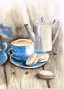 Watercolor tea set with blue cup and iron pot and macarons Royalty Free Stock Photo