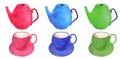 Watercolor tea set. Hand drawn colorful bright pink, blue, green teapot, cup with saucer isolated on white background Royalty Free Stock Photo