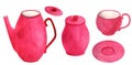 Watercolor tea set. Hand drawn colorful bright pink teapot, cup with saucer, sugar bowl isolated on white background Royalty Free Stock Photo