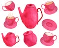 Watercolor tea set. Hand drawn colorful bright pink teapot, cup with saucer, sugar bowl isolated on white background