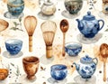 Watercolor Tea Set Pattern - Cups, Teapots, Whisks, and Spoons Royalty Free Stock Photo