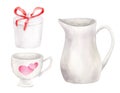 Watercolor tea set with porcelain cup, sugar bowl and pitcher isolated on white background. Hand drawn white ceramic Royalty Free Stock Photo