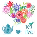 Watercolor tea time colorful vector illustration with teapot, cup and steam as flowers