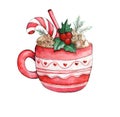 Watercolor teacup with a pattern. Red cup of hot chocolate or cocoa with marshmallows and Christmas candy on a white Royalty Free Stock Photo