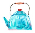 Watercolor teapot. Blue kettle for tea or coffee. Old kitchen utensils Royalty Free Stock Photo