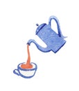 Watercolor teapot with a cup in orange and blue colors. In the Scandinavian style.Orange and blue colors