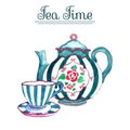 Watercolor teapot and cup. Royalty Free Stock Photo