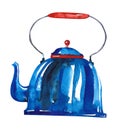 Watercolor teapot. Dark blue kettle for tea or coffee. Old kitchen utensils Royalty Free Stock Photo