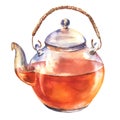 Watercolor teapot glass of black tea isolated on a white background.