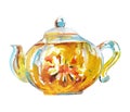 Watercolor teapot. Yellow kettle for tea or coffee. Old kitchen utensils