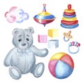 Watercolor teddy bear with baby toys colorful pyramid and spinning top, pink cloud Set of hand painted illustrations