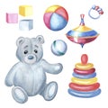 Watercolor teddy bear with baby toys colorful pyramid and spinning top Set of hand painted illustrations toy balls