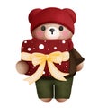 Watercolor teddy bear in christmas outfits with gift box clipart.Woodland animal watercolor clipart Royalty Free Stock Photo