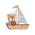 Watercolor teddy bear in ship hand-drawn illustration vector Royalty Free Stock Photo