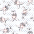 Watercolor teddy bears on a dotted blue background. Hand-painted seamless pattern for baby fabric