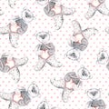 Watercolor teddy bears on a dotted pink background. Hand-painted seamless pattern for baby fabric