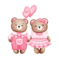 Watercolor teddy bears in love,Valentine teddy bear couple with pink heart.Sweet valentine couple Royalty Free Stock Photo