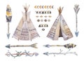 Watercolor teepee, arrows, fearhers and tomahawk. Boho america