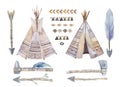 Watercolor teepee, arrows, fearhers and tomahawk. Boho america