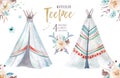 Watercolor teepee illustration. Watercolour bohemian organic design tee pee print. colour boho native art with hand