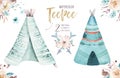 Watercolor teepee illustration. Watercolour bohemian organic design tee pee print. colour boho native art with hand