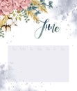 Boho flowers bouquet watercolor calendar. Lettering June on watercolor splashes