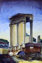 Watercolor of the Temple of Vesta in Rome, Italy.