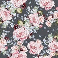Watercolor tender floral seamless pattern with peony flowers and blue herbs, berries
