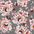 Watercolor tender floral seamless pattern with peony flowers and herbs