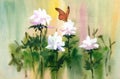 Watercolor tender flowers and butterfly