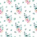 Watercolor tender pink roses, eucalyptus branches and leaves seamless pattern Royalty Free Stock Photo