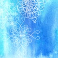 Watercolor tender winter background with graphic snowflakes in blue and white colors